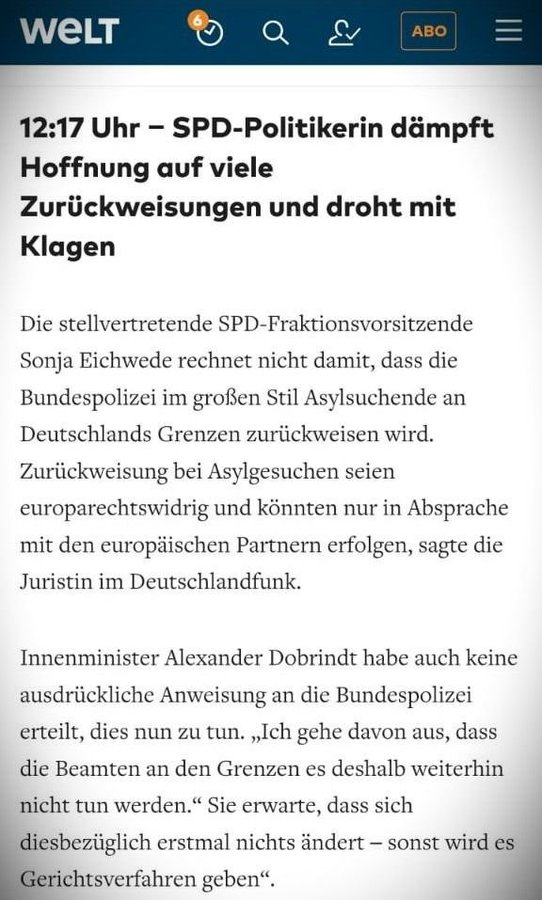 SPD-Fraktionsvize Eichwede droht Union offen mit Gerichtsverfahren, sollte es Zurückweisungen an den Grenzen geben: Kanzler Merz lässt sich von seinem kleinen Koalitionspartner am Nasenring durch die Manege ziehen.