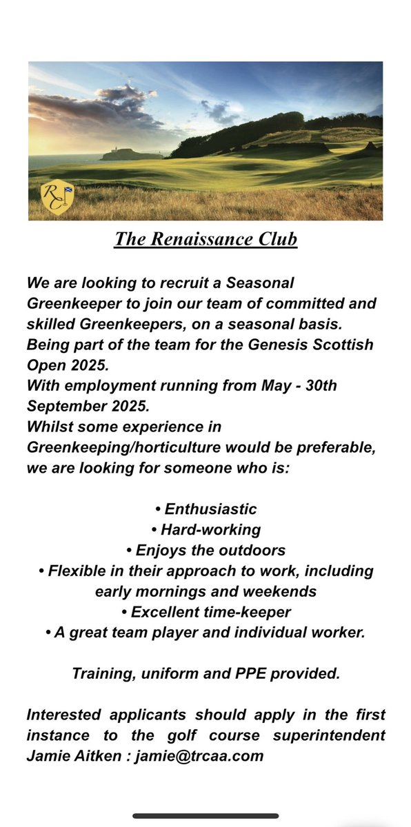Join our team: ⛳️ 🚜 
Seasonal Opportunities here at the Renaissance Club.