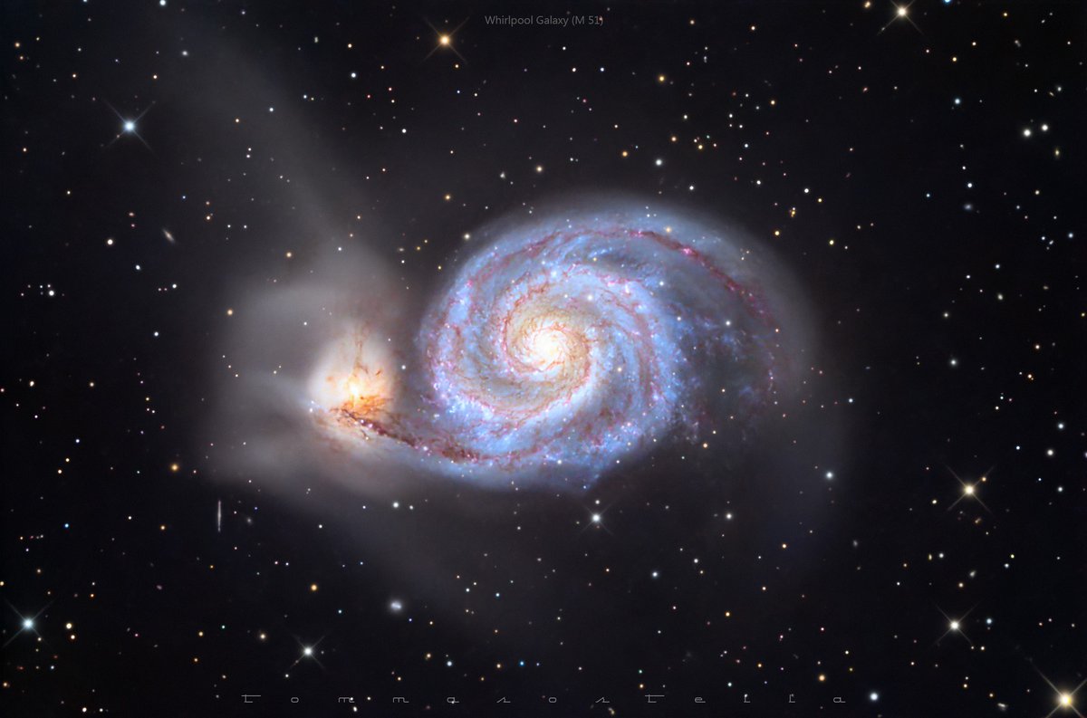 The Whirlpool Galaxy (M51 or NGC5194) easily identifiable even with small aperture telescopes in the constellation of Canes Venatici.
Italy,SQM 21.3
Lights:212x180s #Optolong L-CCD
Setup:Omegon PRO CC 200@1870mm,Skywatcher
AZEQ6GT, ZWO ASI2600 DUO
Credit:Tommaso Massimo Stella