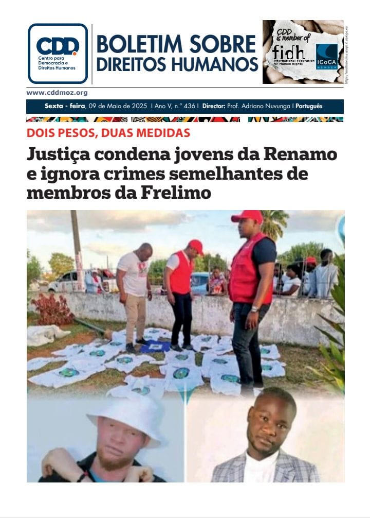 CDD - Centro para Democracia e Direitos Humanos (@cdd_moz) on Twitter photo DOIS PESOS, DUAS MEDIDAS
Justiça condena jovens da Renamo e ignora crimes semelhantes de membros da Frelimo
Dois pesos e duas medidas. É assim que está a ser vista a decisão da justiça moçambicana
Eis aqui a publicação completa: cddmoz.org/wp-content/upl…
<a href="/adriano_nuvunga/">Prof. Adriano Nuvunga</a> DOIS PESOS, DUAS MEDIDAS
Justiça condena jovens da Renamo e ignora crimes semelhantes de membros da Frelimo
Dois pesos e duas medidas. É assim que está a ser vista a decisão da justiça moçambicana
Eis aqui a publicação completa: cddmoz.org/wp-content/upl…
<a href="/adriano_nuvunga/">Prof. Adriano Nuvunga</a>