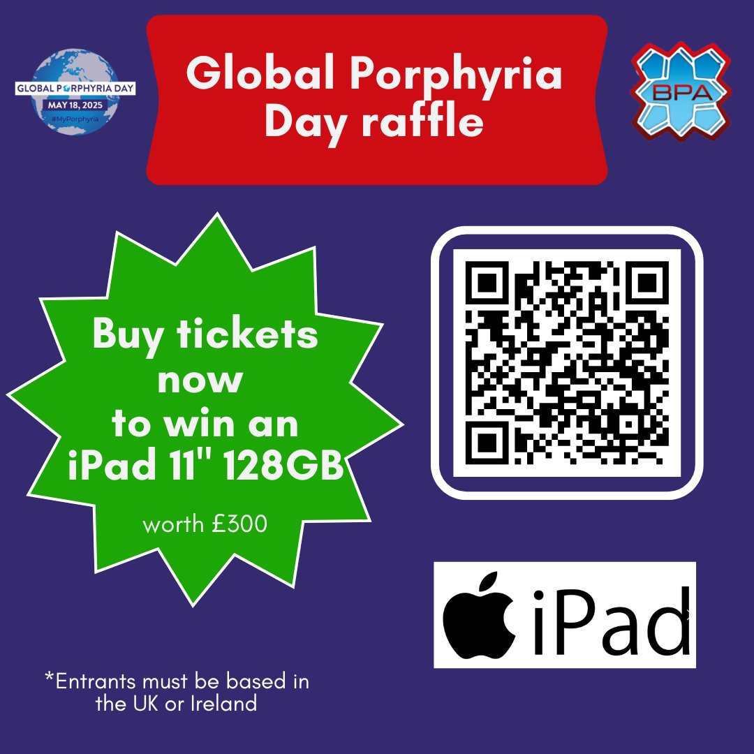 🎟️ Fancy winning a brand new iPad? Enter our Porphyria Day raffle by 18 May and support families affected by porphyria across the UK &amp; Ireland! ow.ly/oezA50VQ7GV 💜 #GlobalPorphyriaDay #RaffleForACause

Thank you to our amazing sponsors ow.ly/LaUW50VQ7GW
