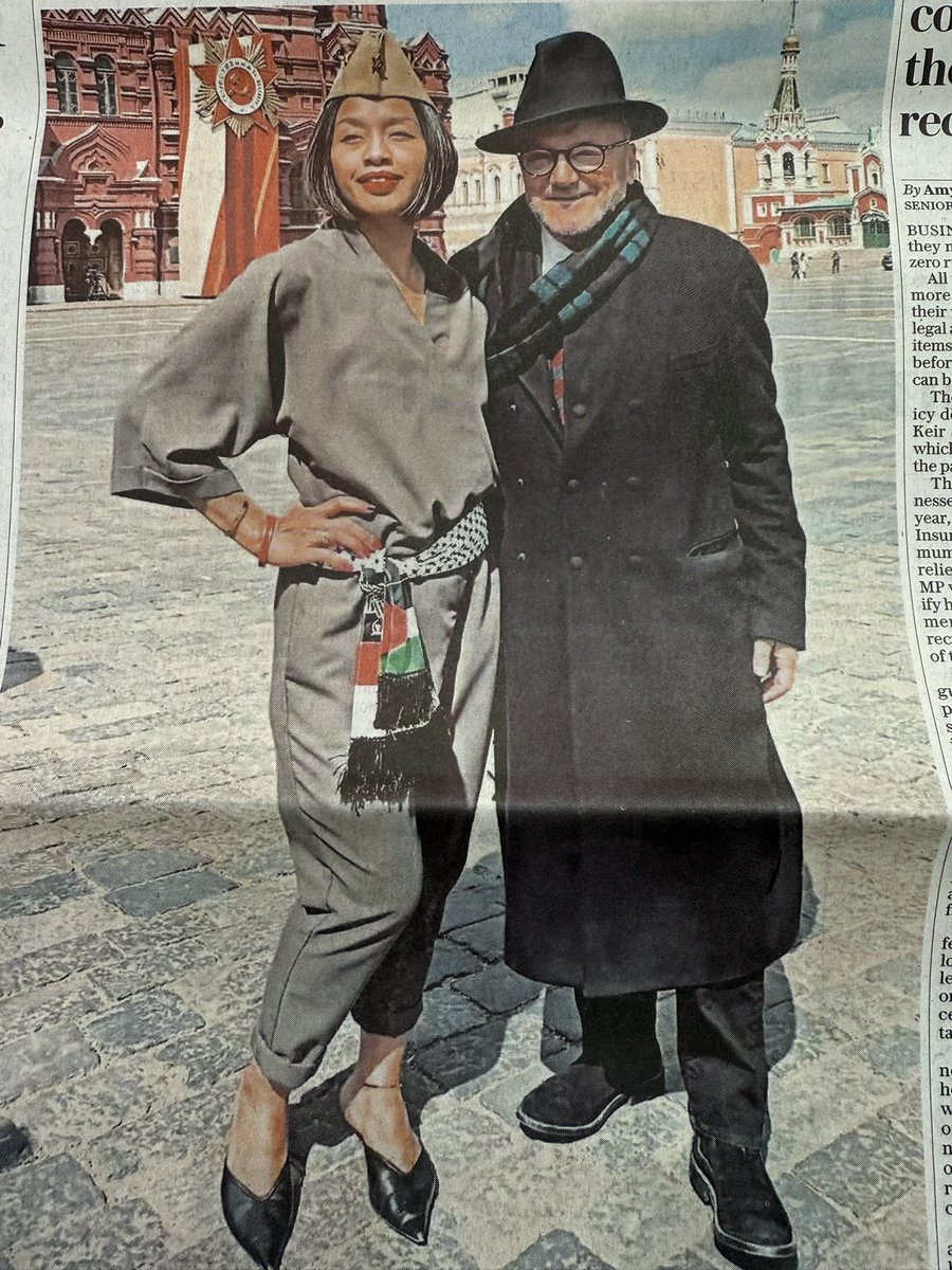 George Galloway at Putin’s parade in Moscow with his wife, who is wearing a Palestine scarf, after visiting Iran to collect an award named after a Hamas leader.
Yet he was elected as MP for Rochdale a year ago.
Britain, this is what the wrong side of history looks like.