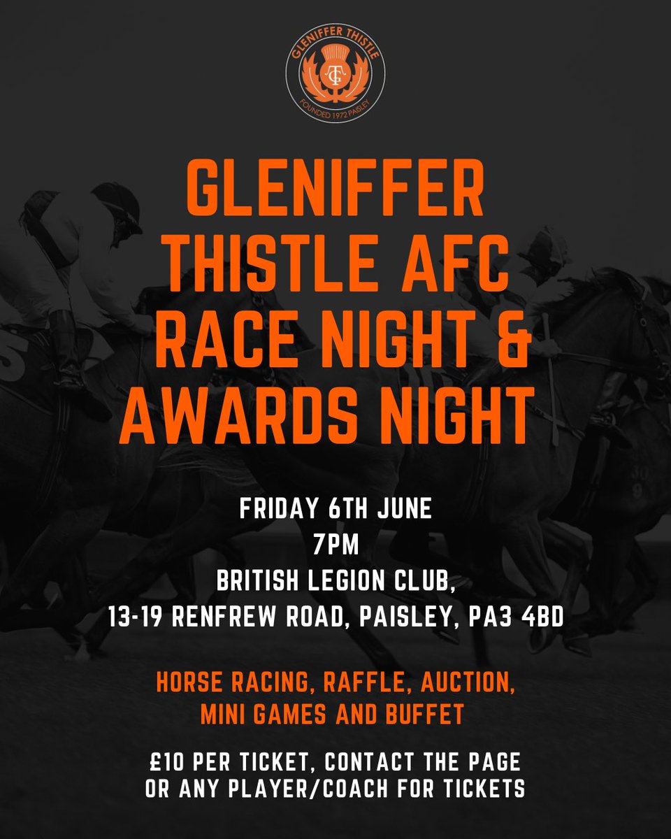 Awards &amp; Race Night 🏆🐎🏇🏿

With promotion secured and the season complete we now look forward to our Awards and Race Night. Friday the 6th of June in the British legion club. tickets are on sale now. Contact any of the players or coaches to secure them 🟧⬛️