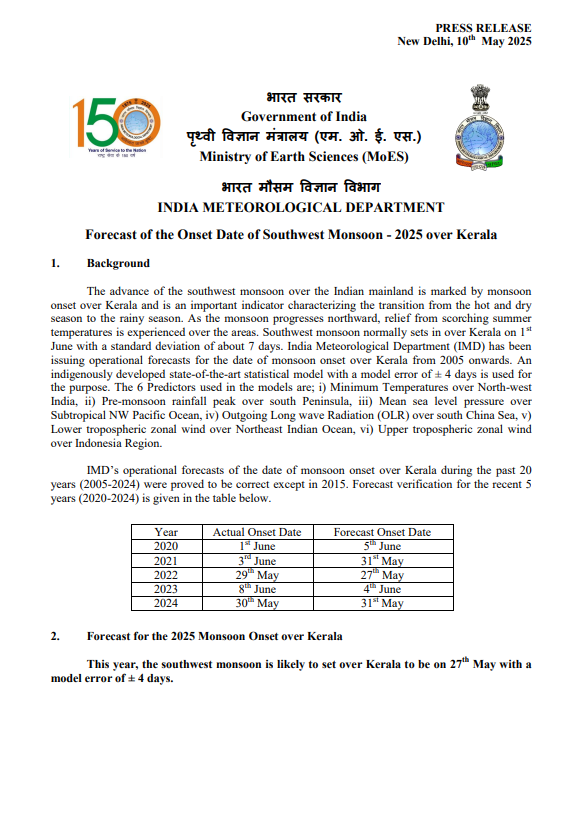 India Meteorological Department (@indiametdept) on Twitter photo Forecast of the Onset Date of Southwest Monsoon - 2025 over Kerala
For more information, visit: internal.imd.gov.in/press_release/…
<a href="/moesgoi/">MoES GoI</a> <a href="/ndmaindia/">NDMA India | राष्ट्रीय आपदा प्रबंधन प्राधिकरण 🇮🇳</a> <a href="/DDNational/">Doordarshan National दूरदर्शन नेशनल</a> <a href="/airnewsalerts/">All India Radio News</a> <a href="/DrJitendraSingh/">Dr Jitendra Singh</a> Forecast of the Onset Date of Southwest Monsoon - 2025 over Kerala
For more information, visit: internal.imd.gov.in/press_release/…
<a href="/moesgoi/">MoES GoI</a> <a href="/ndmaindia/">NDMA India | राष्ट्रीय आपदा प्रबंधन प्राधिकरण 🇮🇳</a> <a href="/DDNational/">Doordarshan National दूरदर्शन नेशनल</a> <a href="/airnewsalerts/">All India Radio News</a> <a href="/DrJitendraSingh/">Dr Jitendra Singh</a>