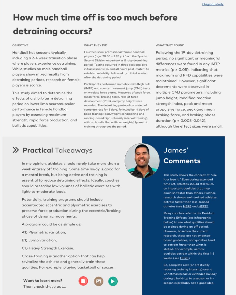 Science for Sport (@scienceforsport) on Twitter photo Many of us have the seen the duration of residual training effect of biomotor abilities, initially developed by Vladimir Issurin
But, what about the retention and decay of more specific qualities such as RFD, RSI and braking phase?
<a href="/mrjamesdelacey/">James de Lacey</a> reviews a recent study in Many of us have the seen the duration of residual training effect of biomotor abilities, initially developed by Vladimir Issurin
But, what about the retention and decay of more specific qualities such as RFD, RSI and braking phase?
<a href="/mrjamesdelacey/">James de Lacey</a> reviews a recent study in