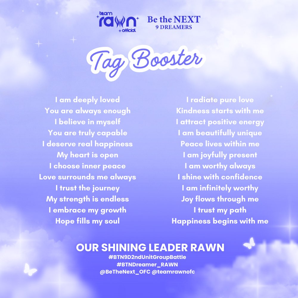 TEAM RAWN OFFICIAL (@teamrawnofc) on Twitter photo π¦ TAG BOOSTER #1: MOTIVATIONAL PHRASE π¦
Reply or QRT a motivational phrase and donβt forget to use our official tags!
RAWN OUR NEXT GLOBAL IDOL
#BTN9DTheFinalShowdown
#BTNDreamer_RAWN
<a href="/BeTheNext_OFC/">Be the NEXT: 9 Dreamers</a> <a href="/teamrawnofc/">TEAM RAWN OFFICIAL</a> π¦ TAG BOOSTER #1: MOTIVATIONAL PHRASE π¦
Reply or QRT a motivational phrase and donβt forget to use our official tags!
RAWN OUR NEXT GLOBAL IDOL
#BTN9DTheFinalShowdown
#BTNDreamer_RAWN
<a href="/BeTheNext_OFC/">Be the NEXT: 9 Dreamers</a> <a href="/teamrawnofc/">TEAM RAWN OFFICIAL</a>