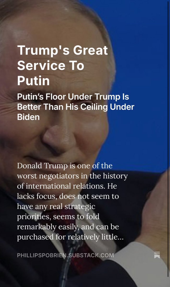 Just sent out this post. Trump is one of the worst negotiators in foreign policy history (as his deal with the Houthis shows). When it comes to Putin, he has already given away the farm, so that Putin’s negotiating floor now is higher than the ceiling would have been with Biden.