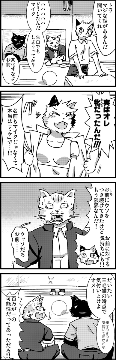 【定期】過去作をあげて新作を描いた気になろうキャンペーン #創作クラスタさんと繋がりたい #イラスト #漫画 #漫画が読めるハッシュタグ
三毛猫のオスは非常にレアだそうです 