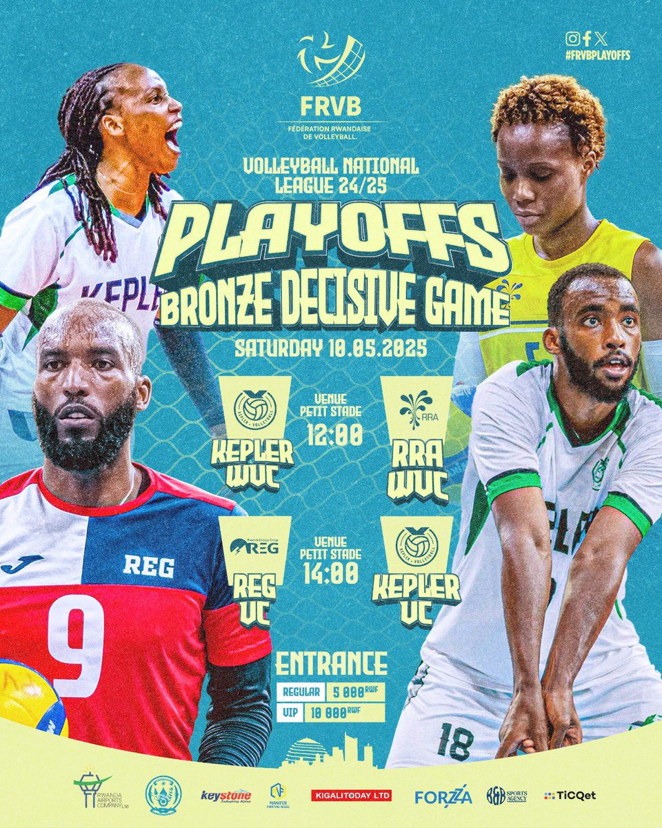 bbagency_rw's tweet photo. Umunsi wa
#RwandaVolleyball 
Bronze medal🥉 

⏰:12:00 - Kepler W v RRA W
⏰:14:00- REG v Kepler 

Gold medal 🎖️ 

⏰:17:00-APR w VC v Police W 
⏰:19:00- APR v Police 

Gura itike kuri https://t.co/5Gmif6aZC1
Gahunda ni kuri Petit Stade i Remera.  #FRVBPlayoffs2025 https://t.co/cmuu4MYcmk