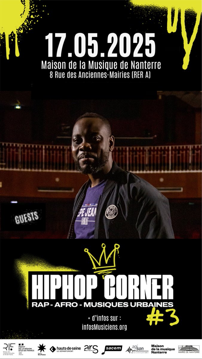 Je serais présent le samedi 17 mai après-midi à la Maison de la Musique à Nanterre pour le Forum Hip Hop Corner #3 organisé par le RIF ! Plus d'infos sur : fb.me/e/9Fhzj3UXK