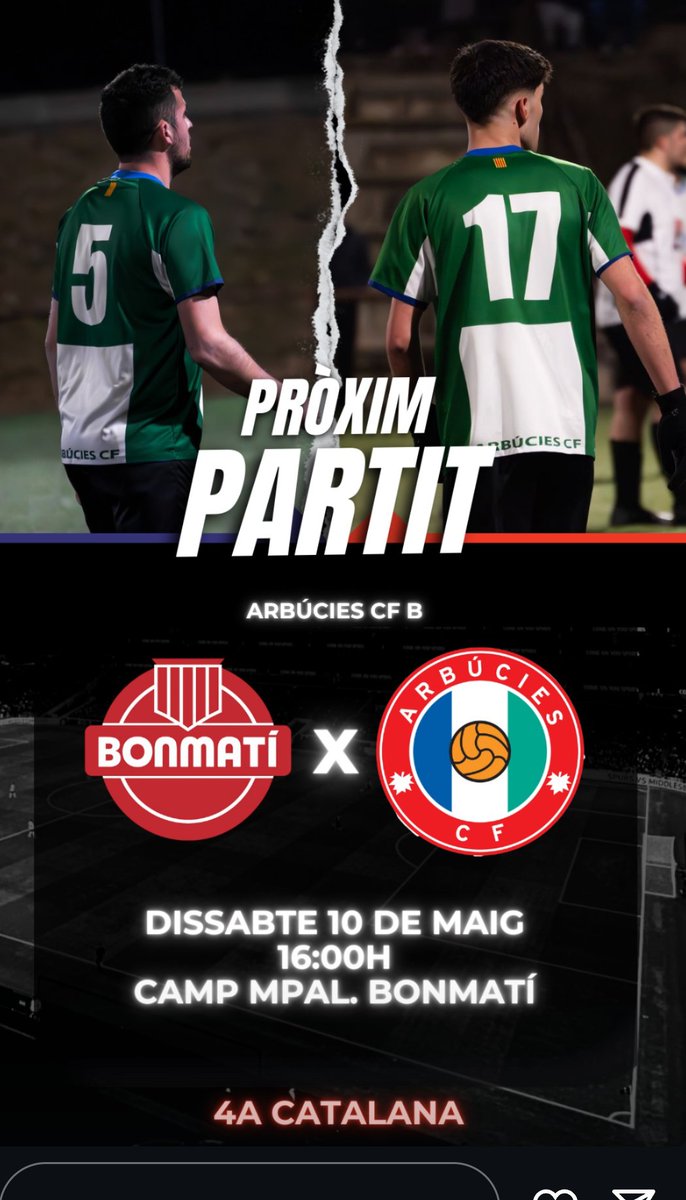 Arbúcies Club Futbol (@arbuciescf) on Twitter photo 👉Jornada 29 #4Cat G.5
📆 Dissabte 10 de Maig 16h
🏟 Camp Municipal Bonmatí
⚽️ <a href="/cfbonmati/">BONMATÍ C.F.</a> - <a href="/ArbuciesCF/">Arbúcies Club Futbol</a>
#SuportalesportGironi #Arbucies #4Cat5 #amuntarbucies #arbuciescf #4acatalana #futcat 👉Jornada 29 #4Cat G.5
📆 Dissabte 10 de Maig 16h
🏟 Camp Municipal Bonmatí
⚽️ <a href="/cfbonmati/">BONMATÍ C.F.</a> - <a href="/ArbuciesCF/">Arbúcies Club Futbol</a>
#SuportalesportGironi #Arbucies #4Cat5 #amuntarbucies #arbuciescf #4acatalana #futcat
