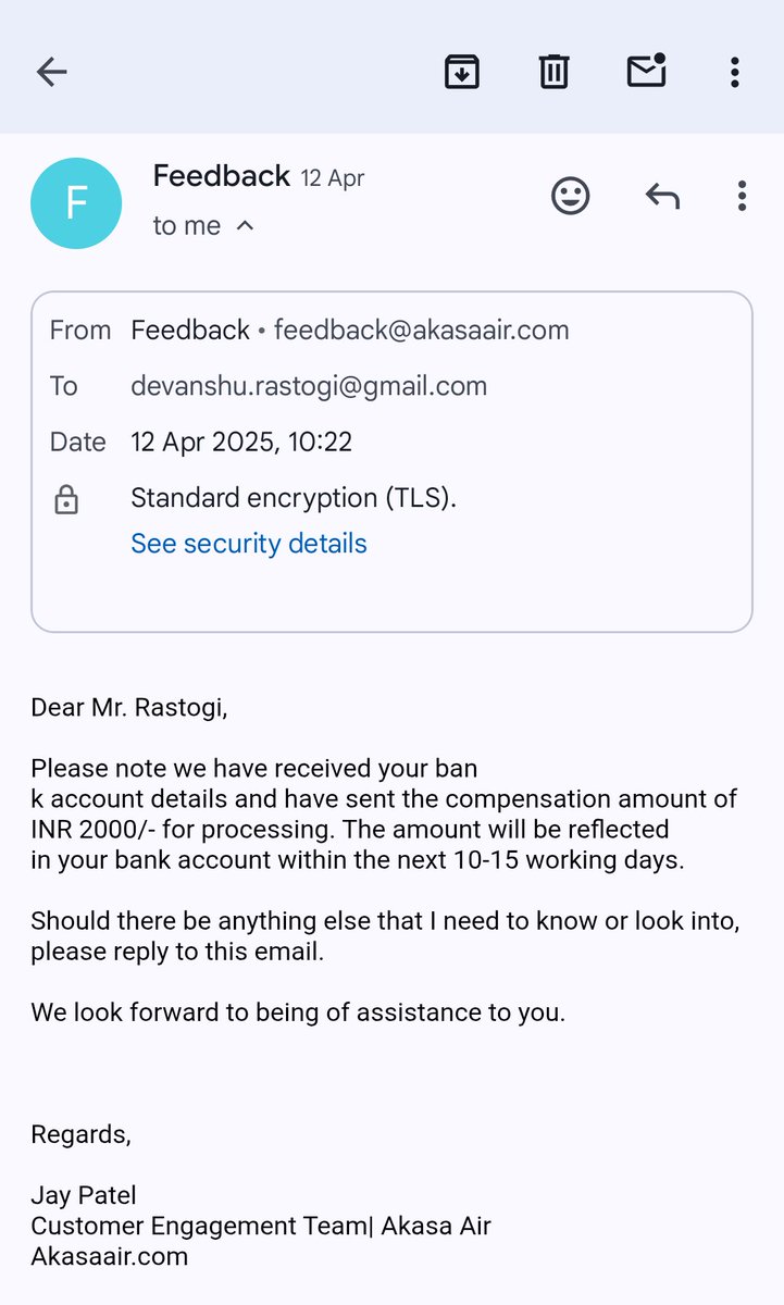 Devanshu2312's tweet photo. @AkasaAir 
It has been over a month and the refund for damaged luggage is yet to be credited.
Please refer to the mails from the Akasa team on 12th April and then 29th April on refund status. Now the team has even stopped responding. @DGCAIndia , seeking intervention. https://t.co/wHIoS1u0sS