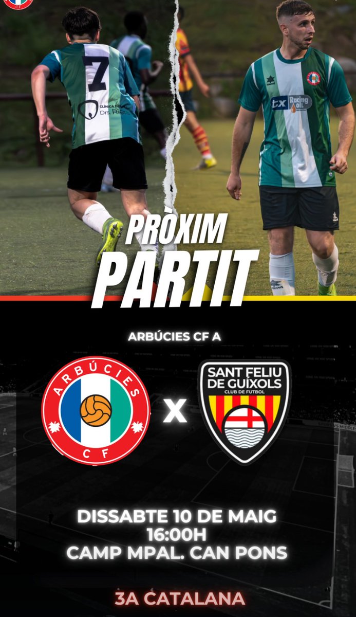 Arbúcies Club Futbol (@arbuciescf) on Twitter photo 👉 Jornada 29 #3Cat G.2
📆 Dissabte 10 de Maig 16h
🏟 ZEM Can Pons
⚽️ <a href="/ArbuciesCF/">Arbúcies Club Futbol</a> - <a href="/cfsfeliuguixols/">CF Sant Feliu de Guíxols</a>
#SuportalesportGironi #Arbucies #3cat2 #amuntarbucies #arbuciescf #3acatalana #futcat 👉 Jornada 29 #3Cat G.2
📆 Dissabte 10 de Maig 16h
🏟 ZEM Can Pons
⚽️ <a href="/ArbuciesCF/">Arbúcies Club Futbol</a> - <a href="/cfsfeliuguixols/">CF Sant Feliu de Guíxols</a>
#SuportalesportGironi #Arbucies #3cat2 #amuntarbucies #arbuciescf #3acatalana #futcat