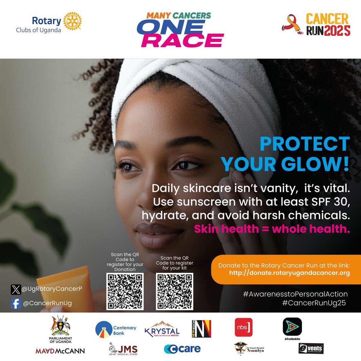 Protect your glow! 

Be part of the this year’s #CancerRunUg25 by creating more awareness about them to so that you save lives or make a donation too using link: donate.rotaryugandacancer.org | 

#SkinCancerAwareness