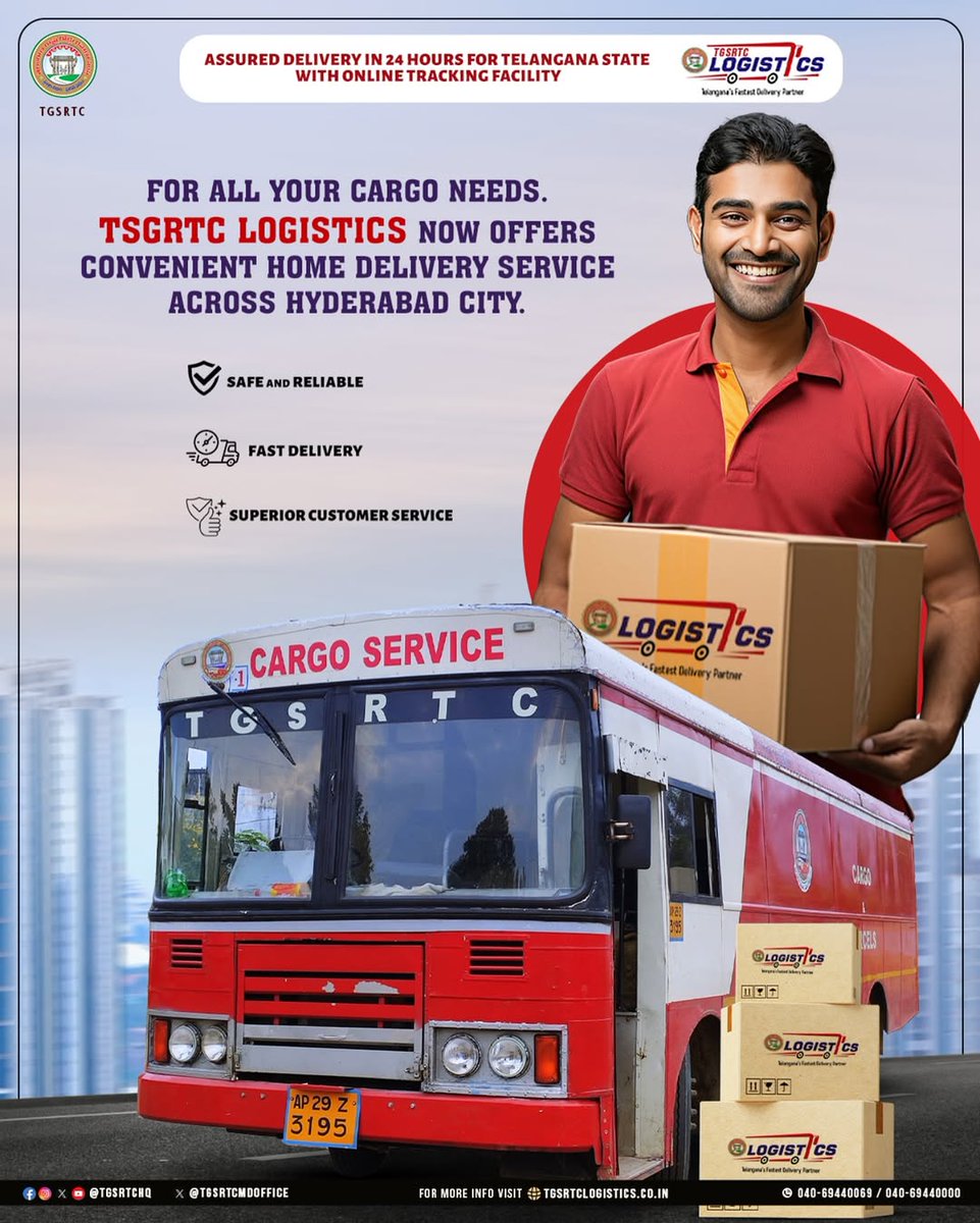 Hyderabad! 🚛 Your cargo now arrives *faster than ever* with #TSGRTCLogistics.
✅ Safe
✅ Fast
✅ Reliable
📍 Book now at [tgsrtclogistics.co.in](tgsrtclogistics.co.in)
📞 040-69440069 | 040-69440000

<a href="/TGSRTCHQ/">TGSRTC</a>  <a href="/TelanganaCMO/">Telangana CMO</a>  <a href="/revanth_anumula/">Revanth Reddy</a>  <a href="/Ponnam_INC/">Ponnam Prabhakar</a>  <a href="/SajjanarVC/">V.C. Sajjanar, IPS</a>