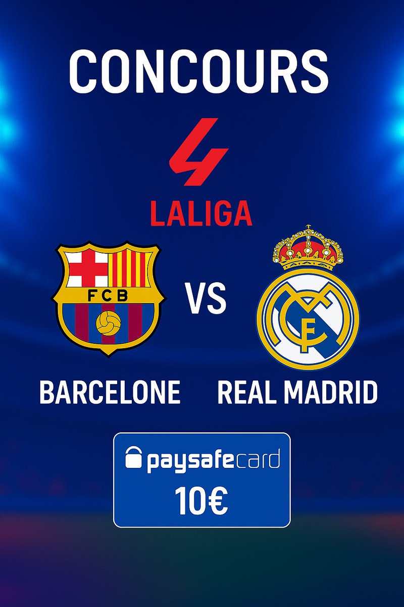 🎁CONCOURS BUTEUR MYSTÈRE🎁
⚽️ SPÉCIAL CLASICO ⚔️ 

2x 10€ PaysafeCard à gagner💰

 👉 BARCELONE - RÉAL MADRID 🇪🇸 

But du jeu :
Devine QUI marquera le DERNIER but de ce clasico ‼️

Pour participer :
1️⃣: like❤️&amp; RT♻️
2️⃣: Follow <a href="/Mr_Bets_/">MrBETS🍀</a> 
3️⃣: Commente ton pronostic 

👉Un tirage