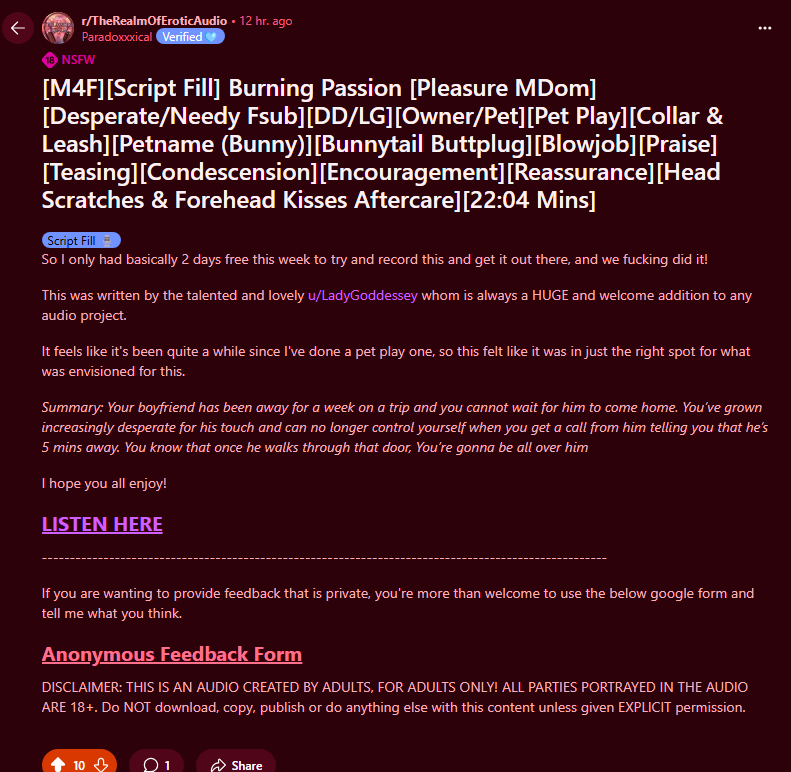 I hope you've got a "Burning Passion" to listen to this new audio of mine :D

Full Tags are in the post!

Listen here: reddit.com/r/TheRealmOfEr…