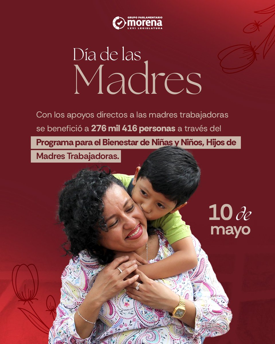 ❤️ ¡Feliz día de las madres! Desde la <a href="/Mx_Diputados/">H. Cámara de Diputados</a>, fortalecemos programas que apoyan directamente a quienes sostienen hogares y trabajan diariamente por un futuro digno para sus hijas e hijos.