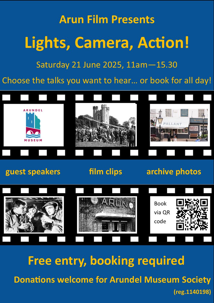Don't miss out on this special day looking at all things film! Link or QR code to book your free tickets. Donations welcome for Arundel Museum
arundelmuseum.org/events/sussex-…