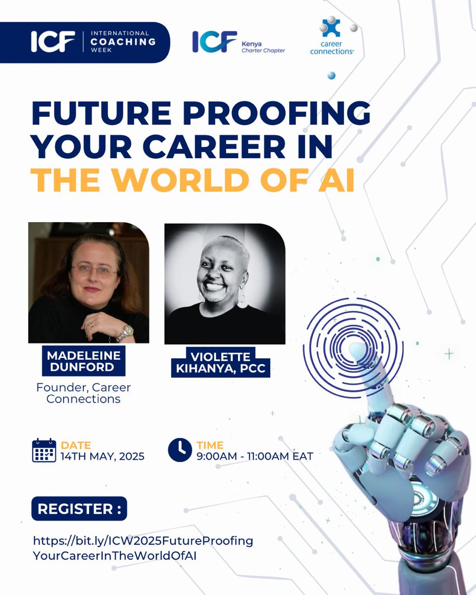 icfkenya's tweet photo. 💡 AI won’t replace you—but someone using AI might.
Learn how to future-proof your career in this free virtual workshop with @MadeleineDunford &amp; @VioletteKihanya!

📅 14th May | ⏰ 9:00AM EAT
🔗 Register now: https://t.co/J8vwMtaVqq

#CareerGrowth #AI #ICW2025 #ICF@30 #ICFKenya https://t.co/PWt2tohhkK