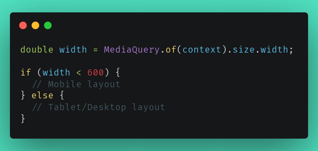 prahack_'s tweet image. 26/365
📱 Make your app responsive with MediaQuery.
Use MediaQuery to adapt layouts based on screen size:
Essential for building beautiful apps across all devices.
#FlutterResponsive #MediaQuery #FlutterTips #AdaptiveUI #Flutter365