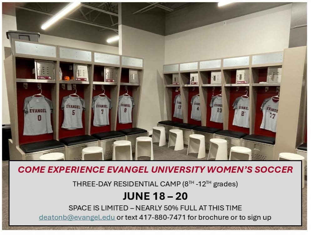 Come experience the women's soccer game at Evangel University - - - and grow in your game!!! Send a text to 417-880-7471 to receive a brochure.