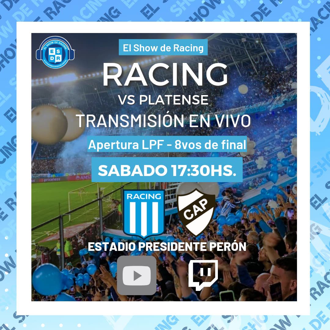 El Show de Racing (@elshowderacing) on Twitter photo Hoy juega #Racing
Desde las 17hs te esperamos con una nueva mega transmision de <a href="/elshowderacing/">El Show de Racing</a> x nuestro canal de Youtube ⚽🎤
Relata <a href="/DanielRiverolp/">Daniel Rivero</a>
Comenta <a href="/fedetedescook/">fedetedesco</a>
Vamos Académia 👊
youtube.com/live/CPCf1NDv1… Hoy juega #Racing
Desde las 17hs te esperamos con una nueva mega transmision de <a href="/elshowderacing/">El Show de Racing</a> x nuestro canal de Youtube ⚽🎤
Relata <a href="/DanielRiverolp/">Daniel Rivero</a>
Comenta <a href="/fedetedescook/">fedetedesco</a>
Vamos Académia 👊
youtube.com/live/CPCf1NDv1…