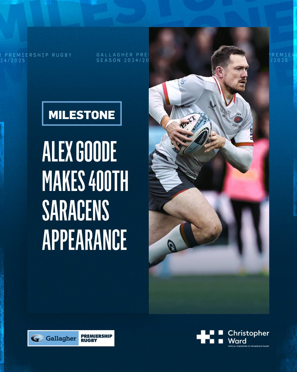 Premiership Rugby (@premrugby) on Twitter photo A <a href="/Saracens/">Saracens Rugby Club</a> legend 🐐
Congratulations to <a href="/Alex_goode0/">Alex Goode</a> on his 400th appearance for Sarries today 👏
#GallagherPrem A <a href="/Saracens/">Saracens Rugby Club</a> legend 🐐
Congratulations to <a href="/Alex_goode0/">Alex Goode</a> on his 400th appearance for Sarries today 👏
#GallagherPrem