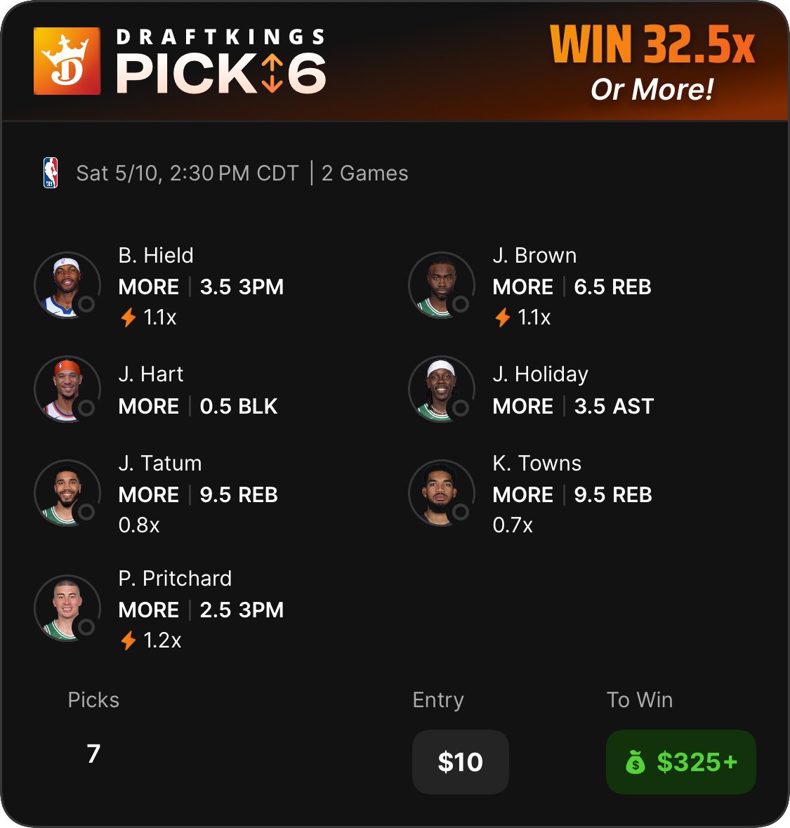 Check out my DraftKings Pick6 Entry!pick6.draftkings.com/?sport=NBA&pic…