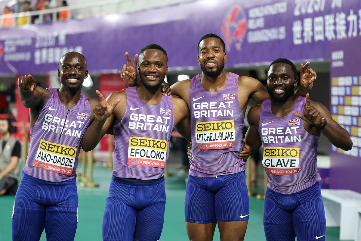 The men's 4x100m GB &amp; NI team are off to Tokyo 🔥

The quartet of Romell Glave, Nethaneel Mitchell-Blake, Jona Efoloko &amp; Eugene Amo-Dadzie clocked 38.18 in Guangzhou, finishing first in their heat 🇬🇧

South Africa were the fastest qualifiers (37.84) in a heat where Jamaica