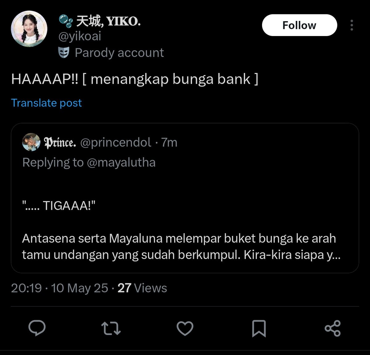 @princendol ㅤ
“Wah!” Caca berseru melihat pelemparan bunga yang ramai itu. “Selamat kepada <a href="/ibrardhan/">Baim</a>! Untuk hadiahnya bisa bisa langsung diambil setelah acara selesai ya! Sekali lagi selamat, kamu mendapatkan satu layout cantik dari @HouseOfMirakiel!” Lanjutnya.

(<a href="/nakamarshen/">Nakama A. Gauri</a>)
ㅤ