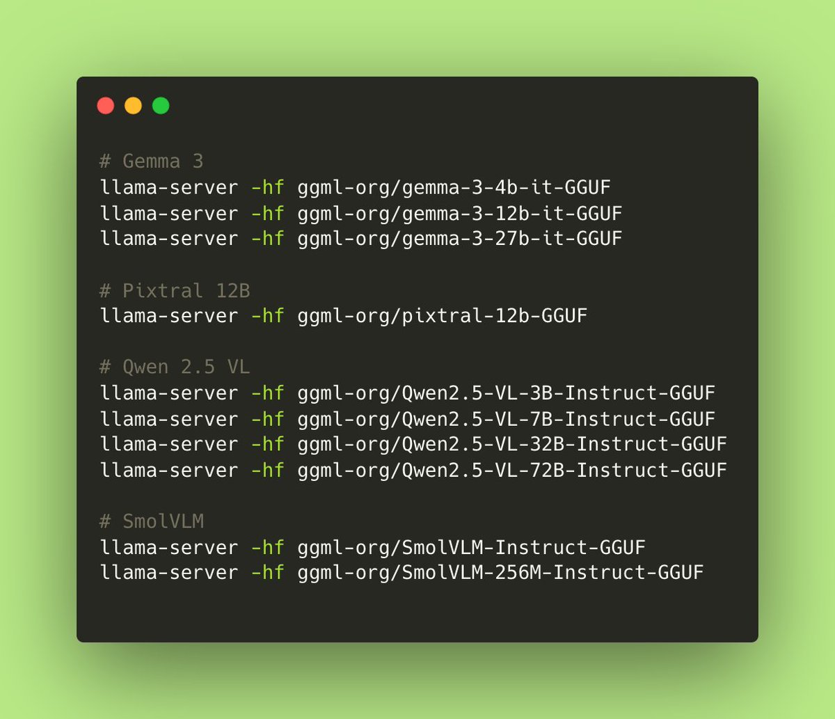 Julien Chaumond (@julien_c) on Twitter photo llama.cpp is now fully compatible with VLMs 💥
HUGE kudos to <a href="/ngxson/">Xuan-Son Nguyen</a> from HF and to the <a href="/ggml_org/">ggml</a> team 💟
Here are a selection of pre-quantized models, ready to be used, from:
- <a href="/GoogleDeepMind/">Google DeepMind</a> Gemma
- <a href="/MistralAI/">Mistral AI</a> Pixtral
- <a href="/Alibaba_Qwen/">Qwen</a> VL
- <a href="/huggingface/">Hugging Face</a> SmolVLM
Give them a llama.cpp is now fully compatible with VLMs 💥
HUGE kudos to <a href="/ngxson/">Xuan-Son Nguyen</a> from HF and to the <a href="/ggml_org/">ggml</a> team 💟
Here are a selection of pre-quantized models, ready to be used, from:
- <a href="/GoogleDeepMind/">Google DeepMind</a> Gemma
- <a href="/MistralAI/">Mistral AI</a> Pixtral
- <a href="/Alibaba_Qwen/">Qwen</a> VL
- <a href="/huggingface/">Hugging Face</a> SmolVLM
Give them a