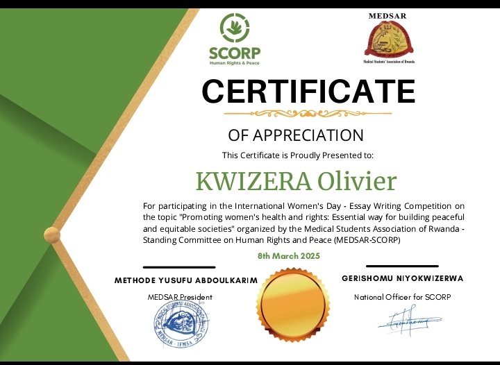 Honored to have participated in the International Women’s Day Essay Writing Competition by MEDSAR-SCORP! Grateful for the opportunity to advocate for women’s health and rights—key to peaceful and equitable societies. #IWD2025 #MEDSAR #HumanRights #Peace