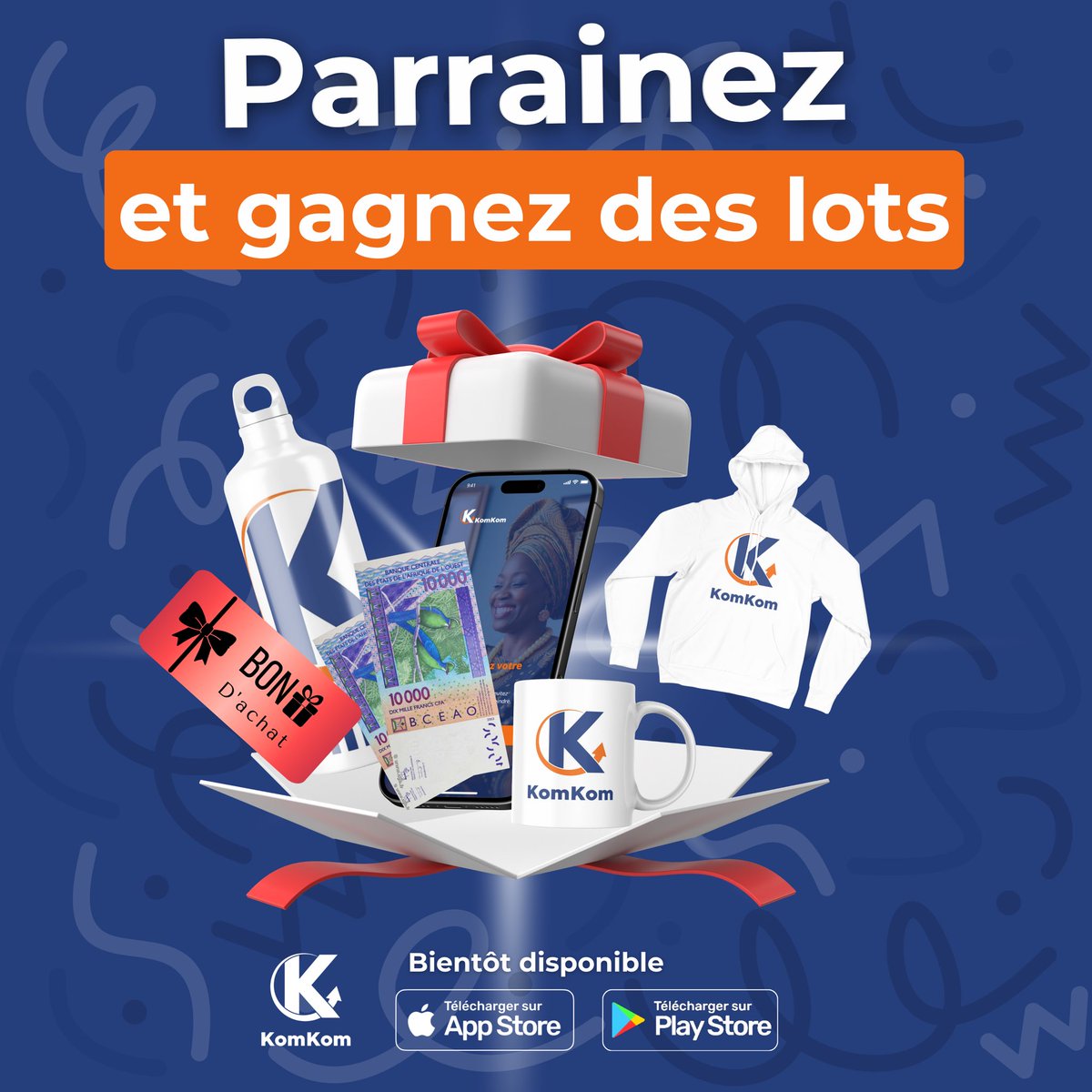 Parrainez &amp; gagnez avec Kom Kom !
+1 filleul = + des cadeaux 
🔹 50 pts → Goodies (t-shirt, casquette...)
🔹 100 pts → Bon d’achat 10 000 F CFA
Règles simples :
-Rejoignez 👉 komkomapp.com
-Partagez &amp; taguez 2 amis
-Gagnez des points
Bientôt sur App Store &amp; Play Store