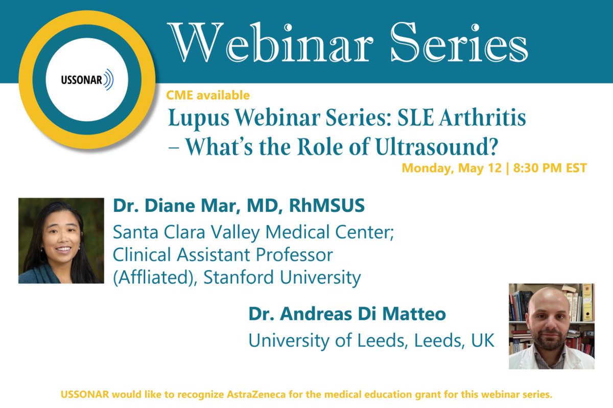 USSONAR (@ussonar_rh) on Twitter photo Reminder this Monday at 8:30 PM EST we kick off our Lupus webinar series reviewing emerging use of US in Lupus! Sponsored by <a href="/AstraZeneca/">AstraZeneca</a> med education grant
Dr. Diane Mar and Dr. Andrea Di Matteo will review role of ultrasound use in lupus arthritis
#meded #pocus #lupus #rheum Reminder this Monday at 8:30 PM EST we kick off our Lupus webinar series reviewing emerging use of US in Lupus! Sponsored by <a href="/AstraZeneca/">AstraZeneca</a> med education grant
Dr. Diane Mar and Dr. Andrea Di Matteo will review role of ultrasound use in lupus arthritis
#meded #pocus #lupus #rheum