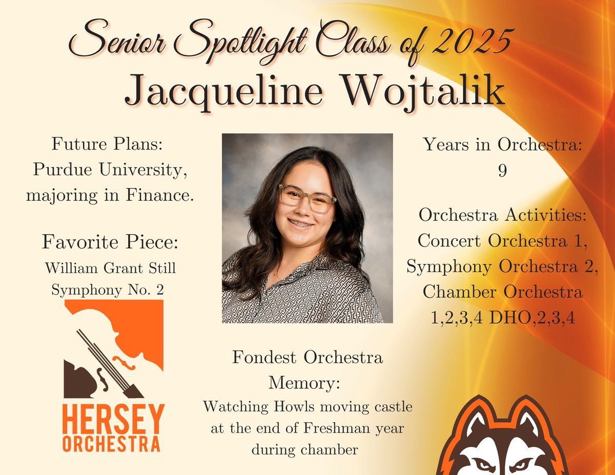 Jacqueline Wojtalik! (Senior Cellist) We are so proud of your commitment to our Symphony and Chamber orchestras. We wish you luck for the coming years!