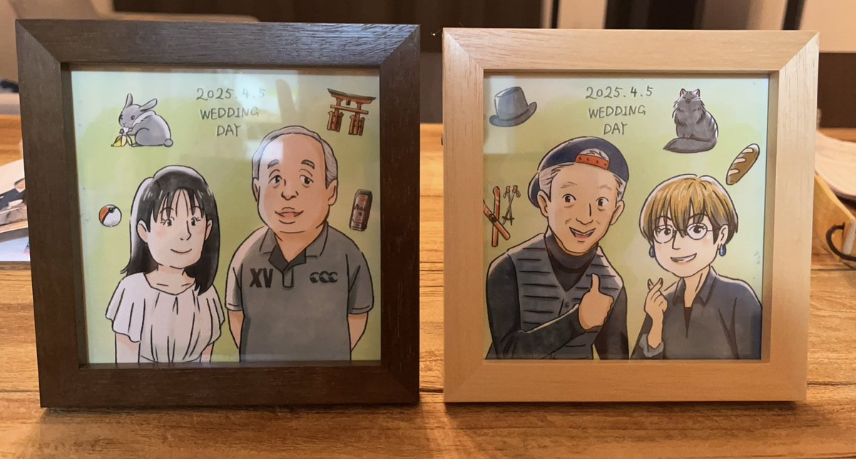 4年越しに家族だけで行った自分達の結婚式にて、両親と義理の両親に似顔絵をプレゼントしました🎁
喜んでくれてよかった。