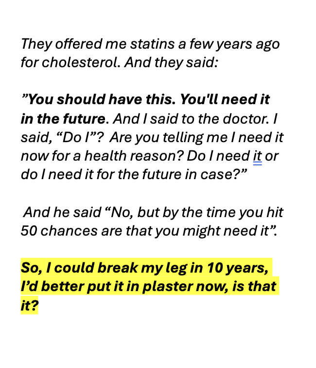 😂
The logic of prescribing #Statins to anyone over 40 when they've got NO history of a heart attack or CVD... 

(Actual response from my #T1Diabetes / Keto study... ⬇️)