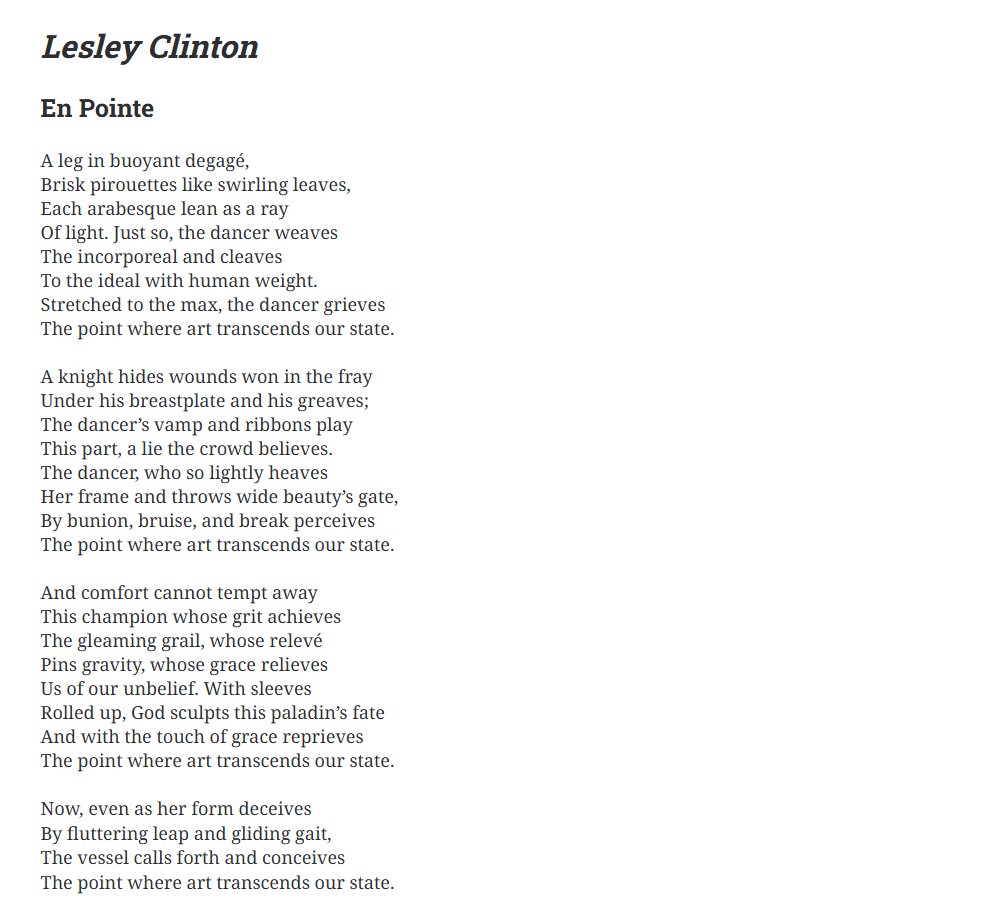 New Verse Review (@newversereview) on Twitter photo I am about to take my daughters to ballet practice, which seems like a good time to share this great poem by Lesley Clinton (<a href="/lclinton_tx/">Lesley Clinton</a>) from the new Poets of UST special issue! I am about to take my daughters to ballet practice, which seems like a good time to share this great poem by Lesley Clinton (<a href="/lclinton_tx/">Lesley Clinton</a>) from the new Poets of UST special issue!