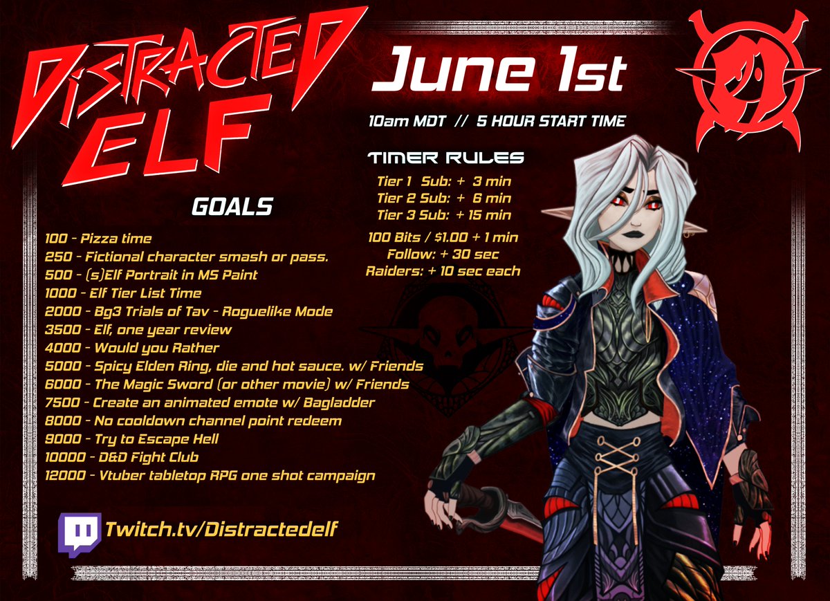 It's still May, but the 2nd annual DistractedElf Subathon is COMING. June 1st. Goals are in an amount that'll gather from all contributions, direct or sub, or whatever!

I'm hype. Very hype. 12 hour days, until the timer runs out. All June.