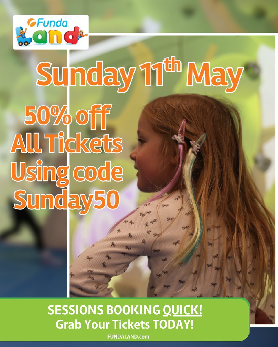All FUNDA LAND Sessions are 50% this Sunday! 😮

Stuck with something to do? Bored of all this Sunshine? Why not come down and cool off in FUNDA LAND 🏰

Don't forget our Ice Cream is Half Price Too! 🍦

Use code: Sunday50 at checkout for 50% all sessions for this Sunday Only!