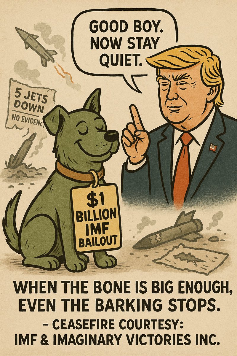 MadhviMo's tweet photo. 1 Billion IMF bone thrown, and the barking stopped. @majorgauravarya @timesofindia  @ZeeNews  @republic #FakeVictory @PMOIndia #IMFBailout #GeopoliticalCircus #IndiaPakistan #TrumpSatire" https://t.co/Mg5rZUDhzz