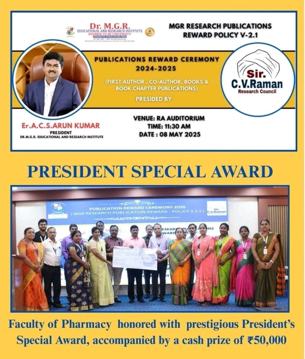 Mgr_Pharma's tweet photo. #MGRERI Faculty of Pharmacy wins the "President Special Award" and a cash prize of Rs.50,000 for exceptional research publication at the Publication Reward Ceremony 2024 - 2025.

#researchpaper #publications 
#awardceremony #cashprize https://t.co/RnUN5GgOVQ
