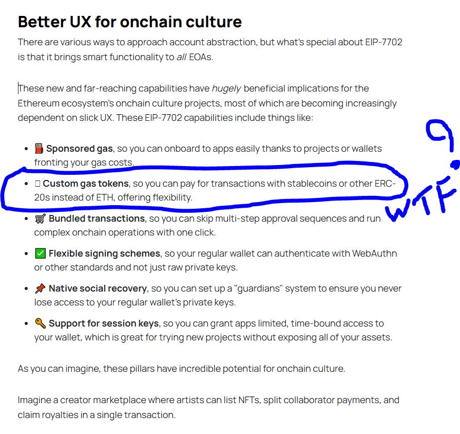 Perhaps I am missing something, but I got this info from the Bankless website
<a href="/bankless/"></a>
for IP 7702. Can someone confirm true? And if so, will this not completely destroy the value of ETH if it is not used as a gas token anymore? #eth #Ethereum <a href="/RyanSAdams/">RYAN SΞAN ADAMS - rsa.eth 🦄</a> <a href="/TrustlessState/">David Hoffman</a>