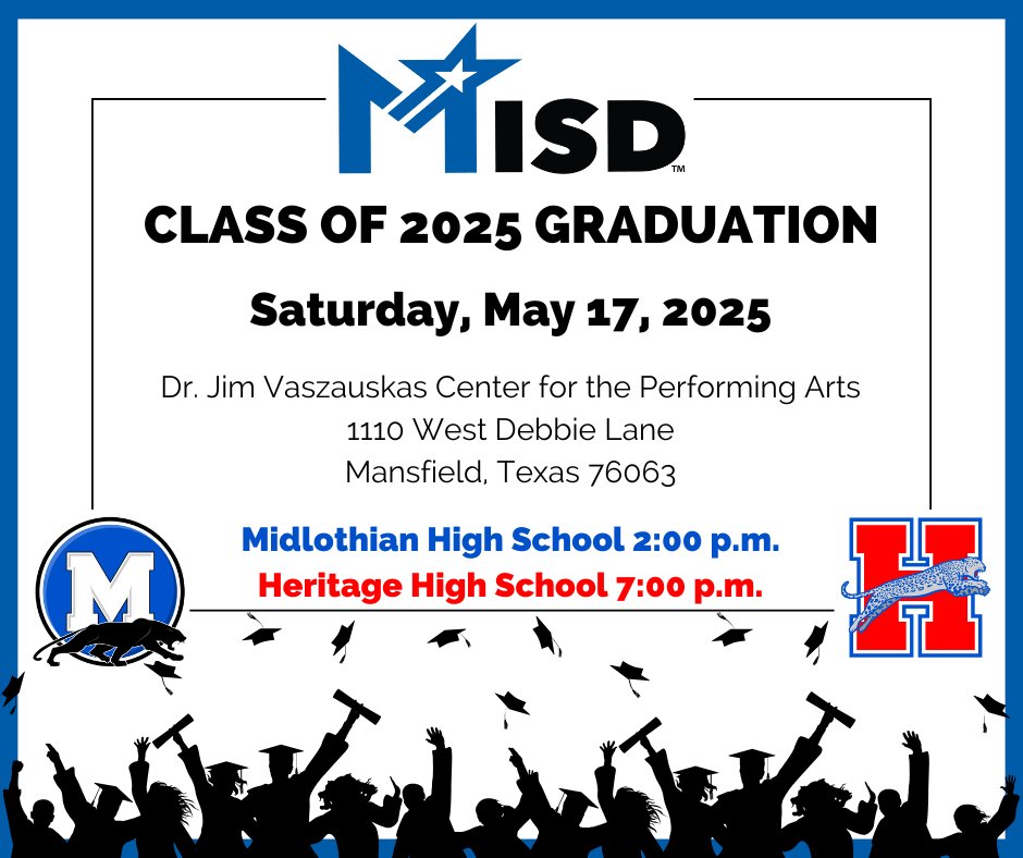 🎓 Graduation is just ONE WEEK away for Midlothian High School and Heritage High School! 💙❤️ 🌟 Check the MISD Graduation webpage for venue guidelines and a livestream link. #MISDProud #InspiringExcellence #Graduation2025

midlothianisd.org/student-life/g…