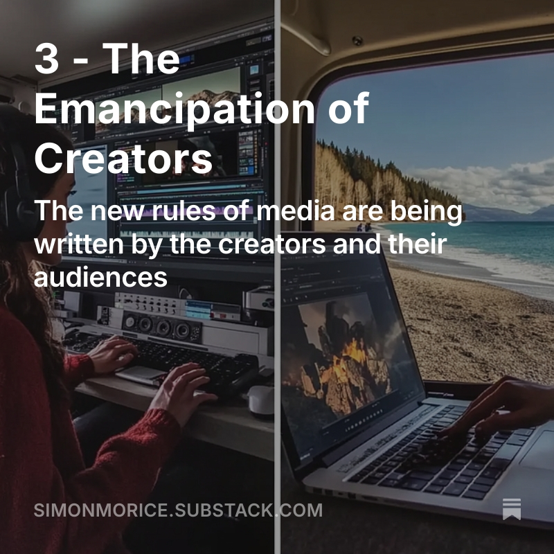 3 - The Emancipation of Creators 
There was a time when telling a story meant waiting.

For a greenlight.
For a gatekeeper.
For permission.

 ...That time is ending.

open.substack.com/pub/simonmoric…