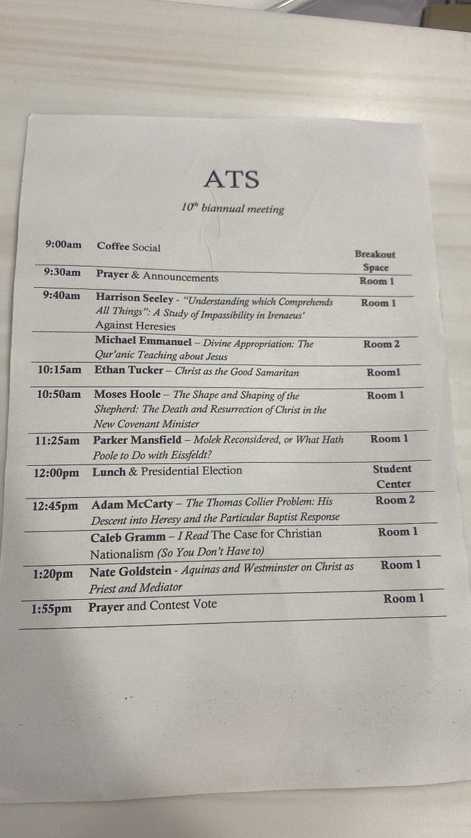 Moses Hoole (@mj_hoole) on Twitter photo 4th and final time presenting at ATS <a href="/RTSJackson/">RTS Jackson</a> this morning. Easily one of the most rewarding papers I’ve written here.
From 2 Cor 4:10-11, I argue that the minister is a “sign act” of Christ’s death and resurrection as Paul applies Isa 53 language to speak of his ministry. 4th and final time presenting at ATS <a href="/RTSJackson/">RTS Jackson</a> this morning. Easily one of the most rewarding papers I’ve written here.
From 2 Cor 4:10-11, I argue that the minister is a “sign act” of Christ’s death and resurrection as Paul applies Isa 53 language to speak of his ministry.