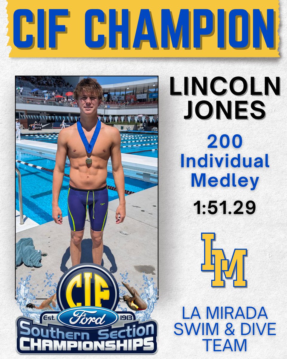 Lincoln Jones placed first in the 200 IM at CIF D3 Finals. His time qualified for NISCA All-American Consideration and also broke his own La Mirada High School Record.

Congratulations Lincoln - we are SO proud of you!

#CIFChampion
#LMFamily
