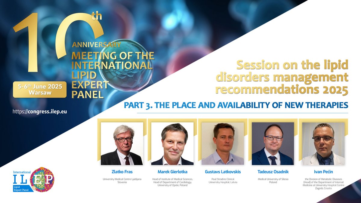 International Lipid Expert Panel (ILEP) (@expertlipid) on Twitter photo Bempedoic acid 🧬 PCSK9 inhibitors 💉 inclisiran ✂️ volanesorsen 🔬 olezarsen ⚗️ siRNA
Where do they fit in #lipid management? How to improve access? Join our experts at #ILEP2025
🗓 June 5–6, 2025 📍 Warsaw 🔗 congress.ilep.eu
<a href="/_GMarko/">Marek Gierlotka</a> <a href="/TadeuszOsadnik/">Tadeusz Osadnik</a> <a href="/ExpertLipid/">International Lipid Expert Panel (ILEP)</a> Bempedoic acid 🧬 PCSK9 inhibitors 💉 inclisiran ✂️ volanesorsen 🔬 olezarsen ⚗️ siRNA
Where do they fit in #lipid management? How to improve access? Join our experts at #ILEP2025
🗓 June 5–6, 2025 📍 Warsaw 🔗 congress.ilep.eu
<a href="/_GMarko/">Marek Gierlotka</a> <a href="/TadeuszOsadnik/">Tadeusz Osadnik</a> <a href="/ExpertLipid/">International Lipid Expert Panel (ILEP)</a>