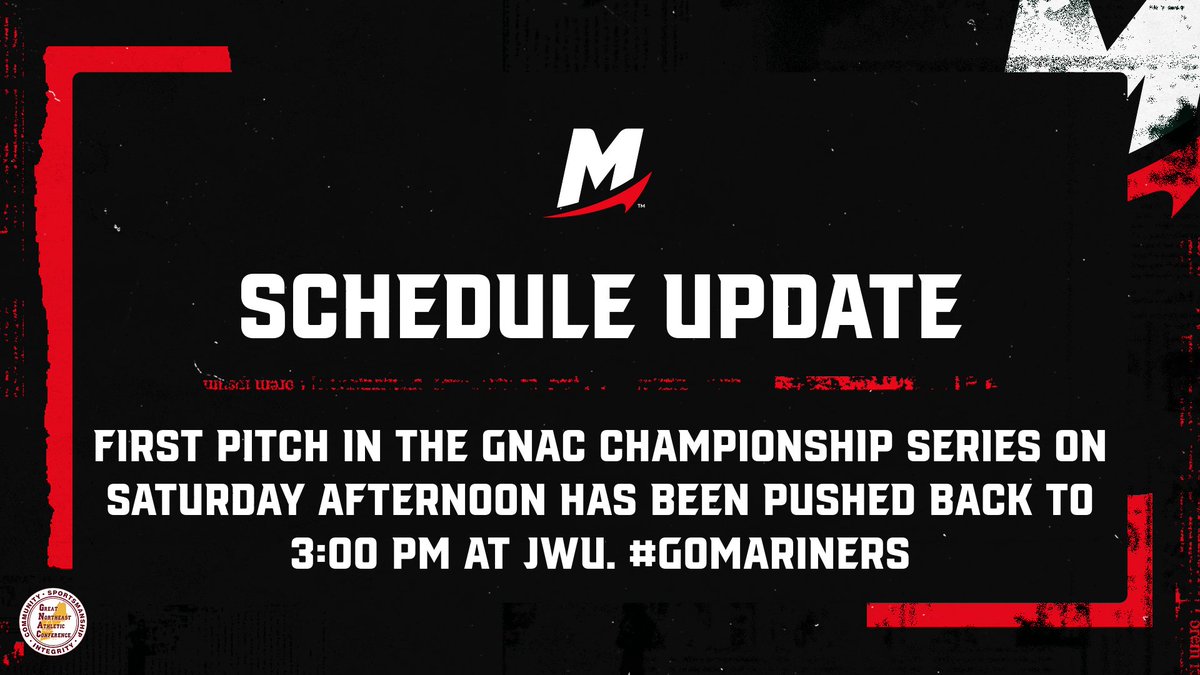 Mitchell College Athletics (@athleticsmc) on Twitter photo ๐จ Schedule update for the Saturday's <a href="/TheGNAC/">Great Northeast Athletic Conference</a> Baseball Championship Series at Johnson & Wales. #GoMariners #d3baseball ๐ดโซ๏ธโพ๏ธ ๐จ Schedule update for the Saturday's <a href="/TheGNAC/">Great Northeast Athletic Conference</a> Baseball Championship Series at Johnson & Wales. #GoMariners #d3baseball ๐ดโซ๏ธโพ๏ธ